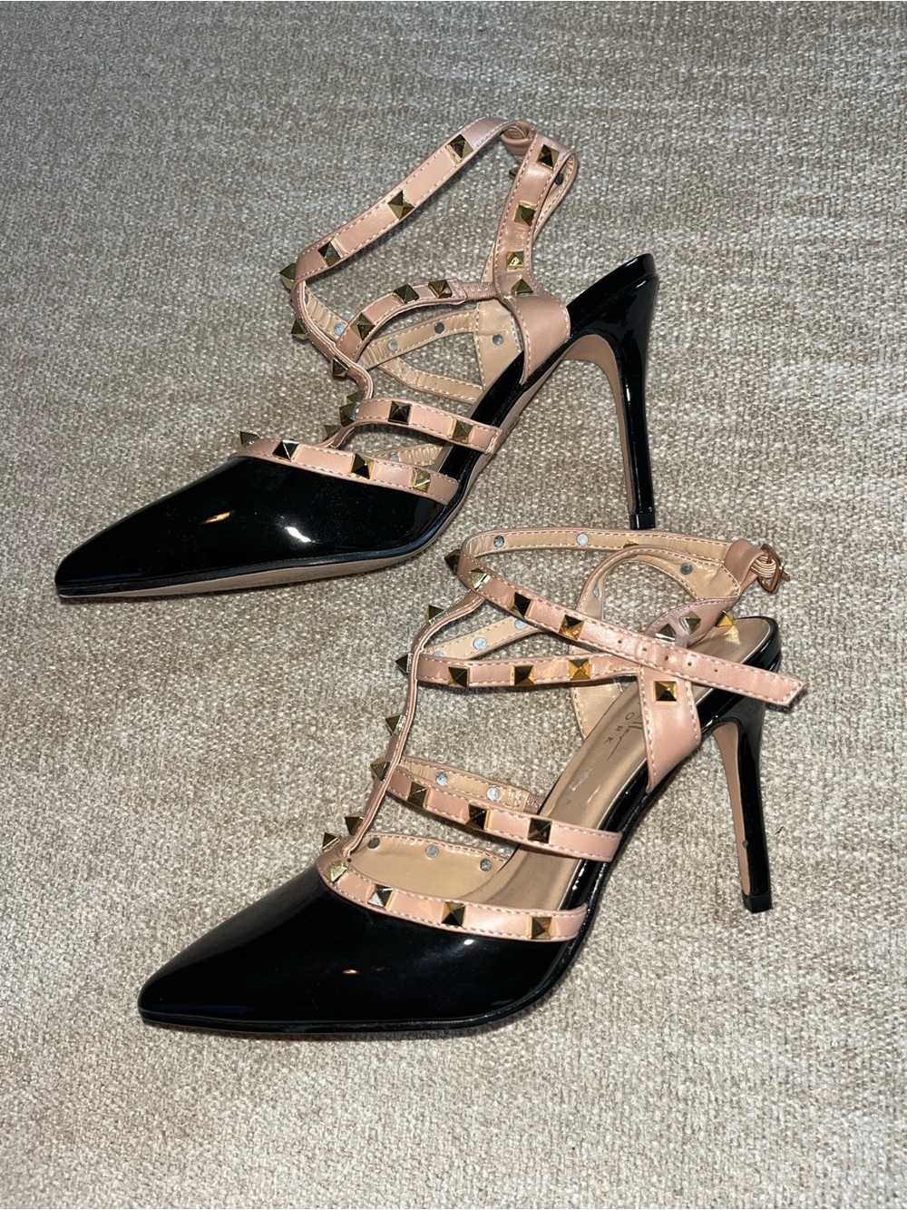 Nicole Miller Pointed Studded Strappy Heels in Black and Blush Pink - Picture 2 of 5